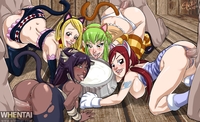 Bleach C.C. Code_Geass Crossover Erza_Scarlet Fairy_Tail Lucy_Heartfilia Yoruichi_Shihōin sketchlanza tag_me // 3037x1851 // 2.8MB // jpg