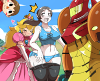 Animal_Crossing Crossover Metroid Princess_Peach Samus_Aran Super_Mario_Bros Super_Smash_Bros. Villager Wii_Fit Wii_Fit_Trainer // 850x692 // 531.2KB // png