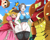Animal_Crossing Crossover Metroid Princess_Peach Samus_Aran Super_Mario_Bros Super_Smash_Bros. Villager Wii_Fit Wii_Fit_Trainer // 850x693 // 510.7KB // png