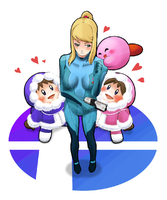 Crossover Ice_Climber Kirby Kirby_(Series) Metroid Nana Oyatsu Popo Samus_Aran // 1000x1200 // 380.2KB // jpg