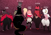 Alastor Cherri_Bomb Hazbin_Hotel Husk Lucifer Sir_Pentious Whiplashaarts // 4000x2703 // 893.9KB // jpg